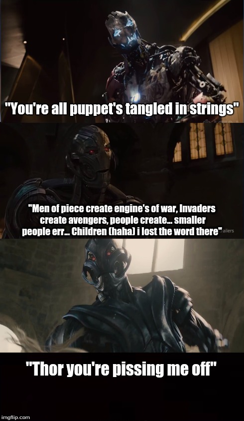 Marvel Civil War Meme | "You're all puppet's tangled in strings" "Men of piece create engine's of war, Invaders create avengers, people create... smaller people err | image tagged in marvel civil war template | made w/ Imgflip meme maker