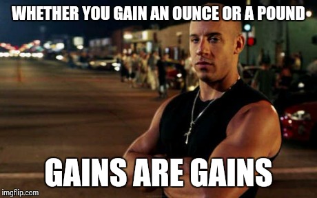 vin diesel | WHETHER YOU GAIN AN OUNCE OR A POUND GAINS ARE GAINS | image tagged in vin diesel | made w/ Imgflip meme maker