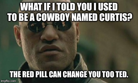 Pee Wee's playhouse, the initial version of the Matrix | WHAT IF I TOLD YOU I USED TO BE A COWBOY NAMED CURTIS? THE RED PILL CAN CHANGE YOU TOO TED. | image tagged in memes,matrix morpheus | made w/ Imgflip meme maker