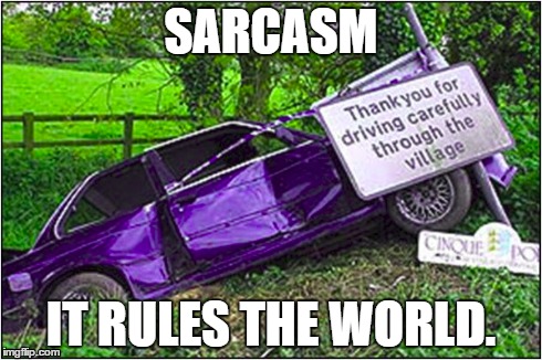 Sarcastic sign car crash | SARCASM IT RULES THE WORLD. | image tagged in sarcasm,car crash | made w/ Imgflip meme maker