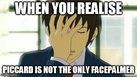 Kyon Facepalm Ver 2 | WHEN YOU REALISE PICCARD IS NOT THE ONLY FACEPALMER | image tagged in kyon facepalm ver 2 | made w/ Imgflip meme maker