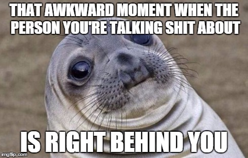 Awkward Moment Sealion | THAT AWKWARD MOMENT WHEN THE PERSON YOU'RE TALKING SHIT ABOUT IS RIGHT BEHIND YOU | image tagged in memes,awkward moment sealion | made w/ Imgflip meme maker