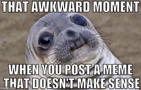 Awkward Moment Sealion | THAT AWKWARD MOMENT WHEN YOU POST A MEME THAT DOESN'T MAKE SENSE | image tagged in memes,awkward moment sealion | made w/ Imgflip meme maker