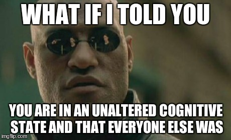 WHAT IF I TOLD YOU YOU ARE IN AN UNALTERED COGNITIVE STATE AND THAT EVERYONE ELSE WAS | image tagged in memes,matrix morpheus,cognitive | made w/ Imgflip meme maker