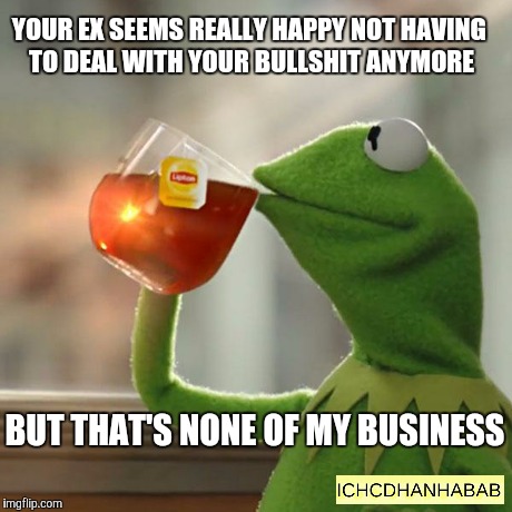 But That's None Of My Business | YOUR EX SEEMS REALLY HAPPY NOT HAVING TO DEAL WITH YOUR BULLSHIT ANYMORE BUT THAT'S NONE OF MY BUSINESS | image tagged in memes,but thats none of my business,kermit the frog | made w/ Imgflip meme maker