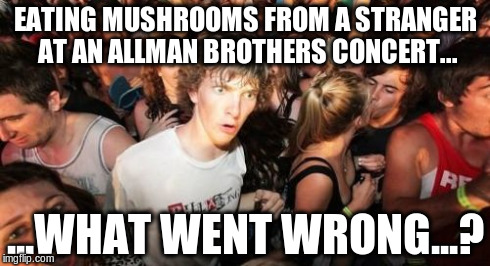 Sudden Clarity Clarence | EATING MUSHROOMS FROM A STRANGER AT AN ALLMAN BROTHERS CONCERT... ...WHAT WENT WRONG...? | image tagged in memes,sudden clarity clarence | made w/ Imgflip meme maker