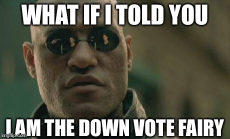 I am the down vote fairy | WHAT IF I TOLD YOU I AM THE DOWN VOTE FAIRY | image tagged in memes,matrix morpheus | made w/ Imgflip meme maker