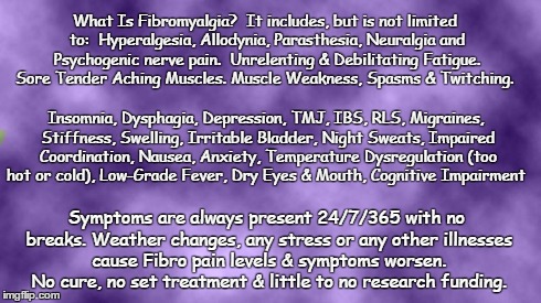 What is Fibromyalgia? | What Is Fibromyalgia?  It includes, but is not limited to:  Hyperalgesia, Allodynia, Parasthesia, Neuralgia and Psychogenic nerve pain.  Unr | image tagged in blank purple | made w/ Imgflip meme maker