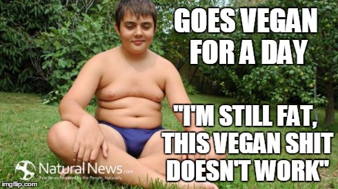 Fat Boy Sitting | GOES VEGAN FOR A DAY "I'M STILL FAT, THIS VEGAN SHIT DOESN'T WORK" | image tagged in fat boy sitting | made w/ Imgflip meme maker