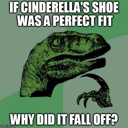 Philosoraptor | IF CINDERELLA'S SHOE WAS A PERFECT FIT WHY DID IT FALL OFF? | image tagged in memes,philosoraptor | made w/ Imgflip meme maker
