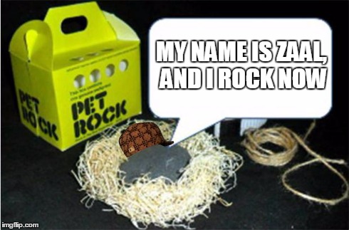 Pet Rock | MY NAME IS ZAAL, AND I ROCK NOW | image tagged in pet rock,scumbag | made w/ Imgflip meme maker