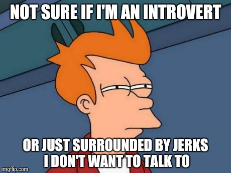 Futurama Fry | NOT SURE IF I'M AN INTROVERT OR JUST SURROUNDED BY JERKS I DON'T WANT TO TALK TO | image tagged in memes,futurama fry | made w/ Imgflip meme maker