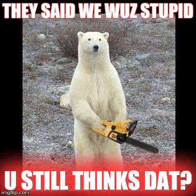Chainsaw Bear | THEY SAID WE WUZ STUPID U STILL THINKS DAT? | image tagged in memes,chainsaw bear | made w/ Imgflip meme maker
