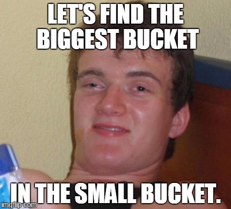 10 Guy Meme | LET'S FIND THE BIGGEST BUCKET IN THE SMALL BUCKET. | image tagged in memes,10 guy | made w/ Imgflip meme maker