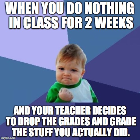 Success Kid Meme | WHEN YOU DO NOTHING IN CLASS FOR 2 WEEKS AND YOUR TEACHER DECIDES TO DROP THE GRADES AND GRADE THE STUFF YOU ACTUALLY DID. | image tagged in memes,success kid | made w/ Imgflip meme maker