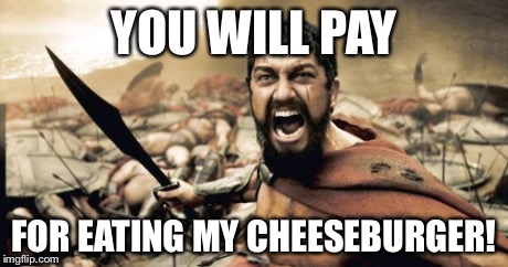 Sparta Leonidas Meme | YOU WILL PAY FOR EATING MY CHEESEBURGER! | image tagged in memes,sparta leonidas | made w/ Imgflip meme maker