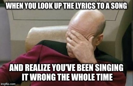 Captain Picard Facepalm Meme | WHEN YOU LOOK UP THE LYRICS TO A SONG AND REALIZE YOU'VE BEEN SINGING IT WRONG THE WHOLE TIME | image tagged in memes,captain picard facepalm | made w/ Imgflip meme maker