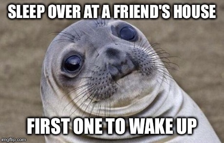Awkward Moment Sealion Meme | SLEEP OVER AT A FRIEND'S HOUSE FIRST ONE TO WAKE UP | image tagged in memes,awkward moment sealion | made w/ Imgflip meme maker