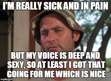 So I Got That Goin For Me Which Is Nice Meme | I'M REALLY SICK AND IN PAIN BUT MY VOICE IS DEEP AND SEXY, SO AT LEAST I GOT THAT GOING FOR ME WHICH IS NICE | image tagged in memes,so i got that goin for me which is nice | made w/ Imgflip meme maker