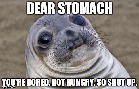This happens all the time.. | DEAR STOMACH YOU'RE BORED. NOT HUNGRY. SO SHUT UP. | image tagged in memes,awkward moment sealion,stomach,bored,shut up | made w/ Imgflip meme maker