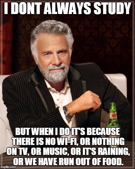 The Most Interesting Man In The World | I DONT ALWAYS STUDY BUT WHEN I DO IT'S BECAUSE THERE IS NO WI-FI, OR NOTHING ON TV, OR MUSIC, OR IT'S RAINING, OR WE HAVE RUN OUT OF FOOD. | image tagged in memes,the most interesting man in the world | made w/ Imgflip meme maker