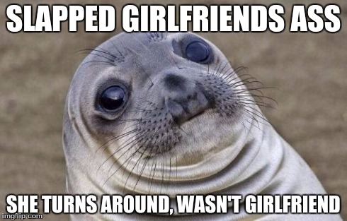 Awkward Moment Sealion | SLAPPED GIRLFRIENDS ASS SHE TURNS AROUND, WASN'T GIRLFRIEND | image tagged in memes,awkward moment sealion | made w/ Imgflip meme maker