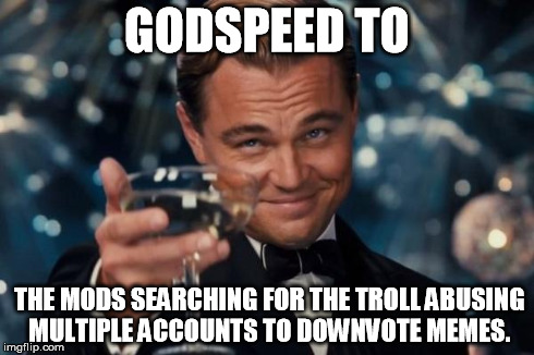 Leonardo Dicaprio Cheers Meme | GODSPEED TO THE MODS SEARCHING FOR THE TROLL ABUSING MULTIPLE ACCOUNTS TO DOWNVOTE MEMES. | image tagged in memes,leonardo dicaprio cheers | made w/ Imgflip meme maker