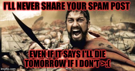 <~< Facebook: Apparently Justin Beiber, Jesus, Satan, Deformed Children,and Photoshopped chests own it... | I'LL NEVER SHARE YOUR SPAM POST EVEN IF IT SAYS I'LL DIE TOMORROW IF I DON'T >:( | image tagged in memes,sparta leonidas,spammers | made w/ Imgflip meme maker