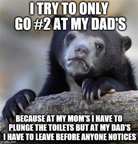 Confession Bear Meme | I TRY TO ONLY GO #2 AT MY DAD'S BECAUSE AT MY MOM'S I HAVE TO PLUNGE THE TOILETS BUT AT MY DAD'S I HAVE TO LEAVE BEFORE ANYONE NOTICES | image tagged in memes,confession bear | made w/ Imgflip meme maker