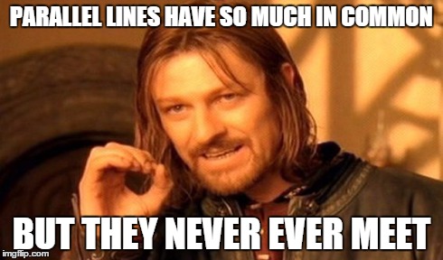 One Does Not Simply | PARALLEL LINES HAVE SO MUCH IN COMMON BUT THEY NEVER EVER MEET | image tagged in memes,one does not simply | made w/ Imgflip meme maker