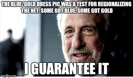 I Guarantee It | THE BLUE/GOLD DRESS PIC WAS A TEST FOR REGIONALIZING THE NET. SOME GOT BLUE, SOME GOT GOLD I GUARANTEE IT | image tagged in memes,i guarantee it | made w/ Imgflip meme maker