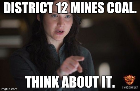 Demanding Katniss | DISTRICT 12 MINES COAL. THINK ABOUT IT. | image tagged in demanding katniss | made w/ Imgflip meme maker