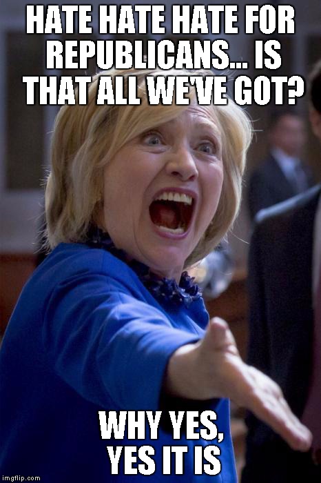 All Hillary has going for her is hate for Republicans | HATE HATE HATE FOR REPUBLICANS... IS THAT ALL WE'VE GOT? WHY YES, YES IT IS | image tagged in wtf hillary,memes | made w/ Imgflip meme maker