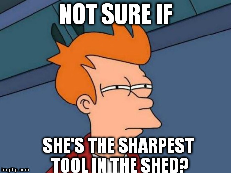 Futurama Fry Meme | NOT SURE IF SHE'S THE SHARPEST TOOL IN THE SHED? | image tagged in memes,futurama fry | made w/ Imgflip meme maker