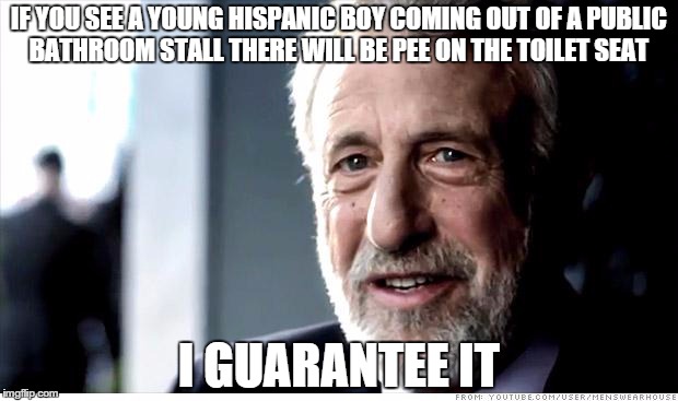 I Guarantee It | IF YOU SEE A YOUNG HISPANIC BOY COMING OUT OF A PUBLIC BATHROOM STALL THERE WILL BE PEE ON THE TOILET SEAT I GUARANTEE IT | image tagged in memes,i guarantee it | made w/ Imgflip meme maker