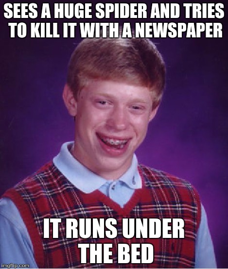 Bad Luck Brian Meme | SEES A HUGE SPIDER AND TRIES TO KILL IT WITH A NEWSPAPER IT RUNS UNDER THE BED | image tagged in memes,bad luck brian | made w/ Imgflip meme maker