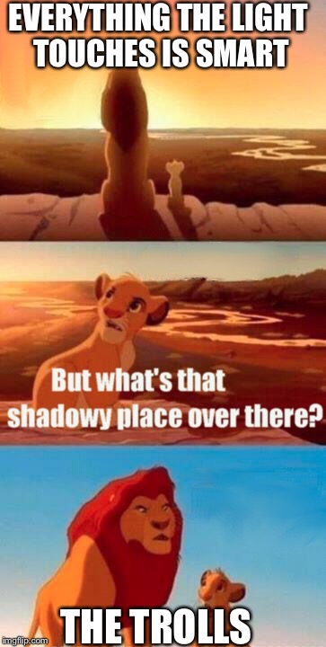 Simba Shadowy Place | EVERYTHING THE LIGHT TOUCHES IS SMART THE TROLLS | image tagged in memes,simba shadowy place | made w/ Imgflip meme maker