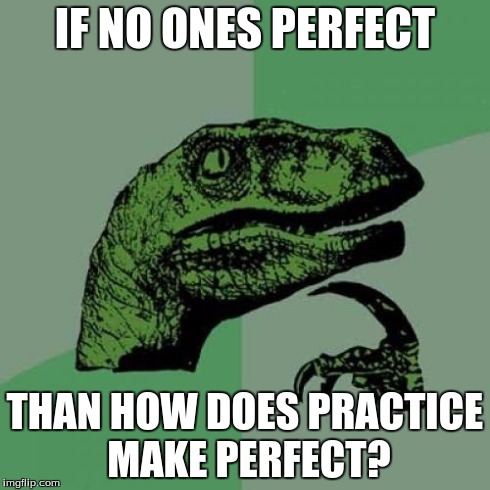 Philosoraptor | IF NO ONES PERFECT THAN HOW DOES PRACTICE MAKE PERFECT? | image tagged in memes,philosoraptor | made w/ Imgflip meme maker