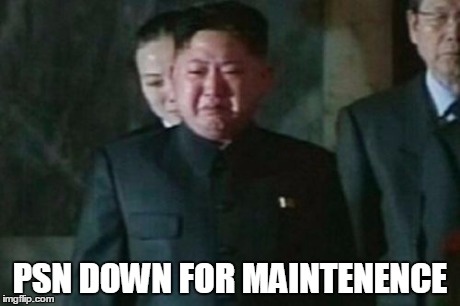 Kim Jong Un Sad | PSN DOWN FOR MAINTENENCE | image tagged in memes,kim jong un sad | made w/ Imgflip meme maker