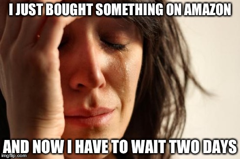 First World Problems | I JUST BOUGHT SOMETHING ON AMAZON AND NOW I HAVE TO WAIT TWO DAYS | image tagged in memes,first world problems | made w/ Imgflip meme maker