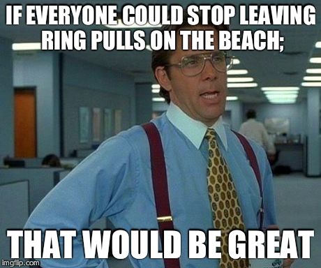 Clear our beaches! | IF EVERYONE COULD STOP LEAVING RING PULLS ON THE BEACH; THAT WOULD BE GREAT | image tagged in memes,that would be great,ring pulls,beach | made w/ Imgflip meme maker