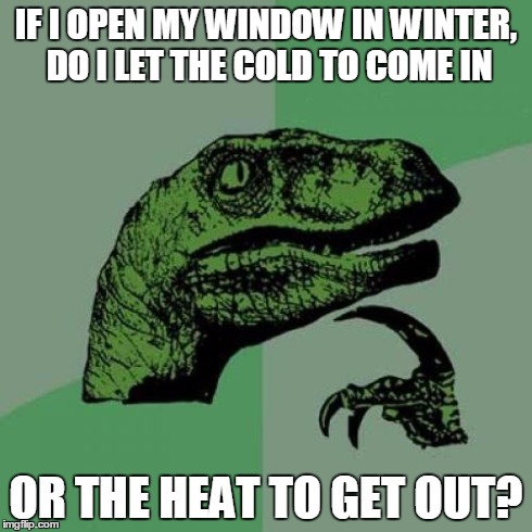 Honestly Tho | IF I OPEN MY WINDOW IN WINTER, DO I LET THE COLD TO COME IN OR THE HEAT TO GET OUT? | image tagged in memes,philosoraptor | made w/ Imgflip meme maker