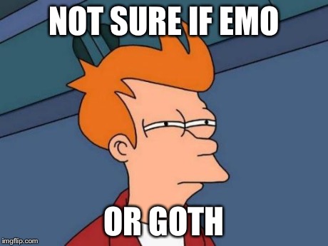 Futurama Fry | NOT SURE IF EMO OR GOTH | image tagged in memes,futurama fry | made w/ Imgflip meme maker