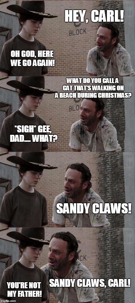 Rick and Carl Long Meme | HEY, CARL! OH GOD, HERE WE GO AGAIN! WHAT DO YOU CALL A CAT THAT'S WALKING ON A BEACH DURING CHRISTMAS? *SIGH* GEE, DAD.... WHAT? SANDY CLAW | image tagged in memes,rick and carl long | made w/ Imgflip meme maker