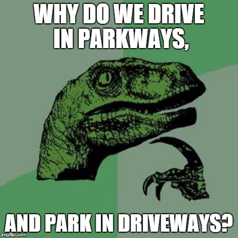 Philosoraptor | WHY DO WE DRIVE IN PARKWAYS, AND PARK IN DRIVEWAYS? | image tagged in memes,philosoraptor | made w/ Imgflip meme maker
