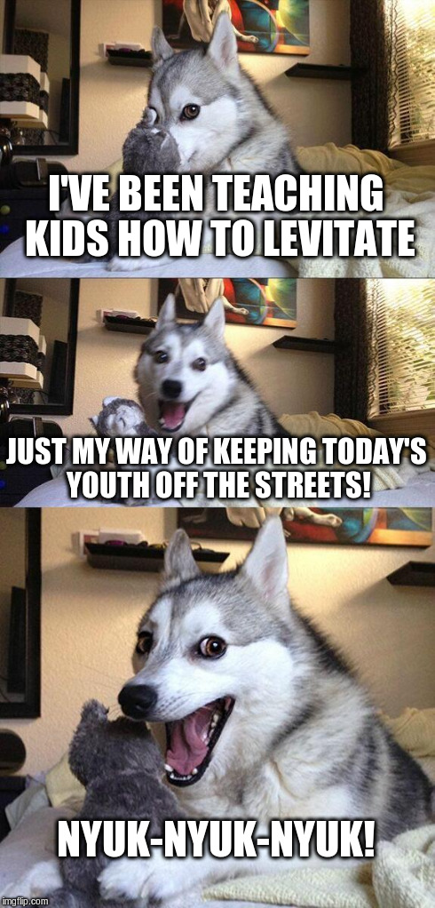 Bad Pun Dog | I'VE BEEN TEACHING KIDS HOW TO LEVITATE JUST MY WAY OF KEEPING TODAY'S YOUTH OFF THE STREETS! NYUK-NYUK-NYUK! | image tagged in memes,bad pun dog | made w/ Imgflip meme maker
