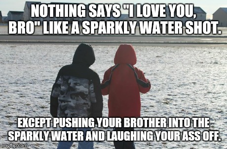 Brothers | NOTHING SAYS "I LOVE YOU, BRO" LIKE A SPARKLY WATER SHOT. EXCEPT PUSHING YOUR BROTHER INTO THE SPARKLY WATER AND LAUGHING YOUR ASS OFF. | image tagged in brothers | made w/ Imgflip meme maker