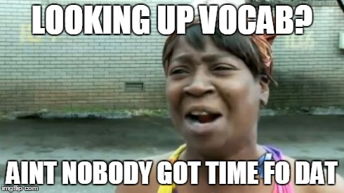 Ain't Nobody Got Time For That Meme | LOOKING UP VOCAB? AINT NOBODY GOT TIME FO DAT | image tagged in memes,aint nobody got time for that | made w/ Imgflip meme maker