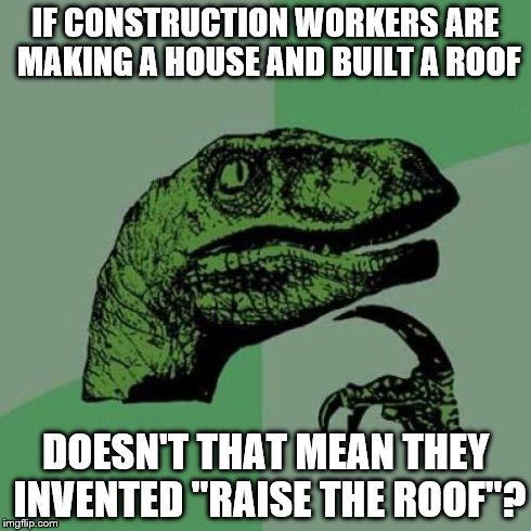 Philosoraptor Meme | IF CONSTRUCTION WORKERS ARE MAKING A HOUSE AND BUILT A ROOF DOESN'T THAT MEAN THEY INVENTED "RAISE THE ROOF"? | image tagged in memes,philosoraptor | made w/ Imgflip meme maker