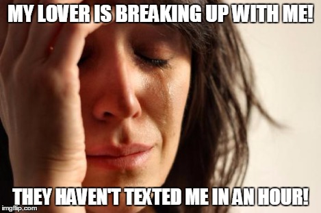 First World Problems Meme | MY LOVER IS BREAKING UP WITH ME! THEY HAVEN'T TEXTED ME IN AN HOUR! | image tagged in memes,first world problems | made w/ Imgflip meme maker